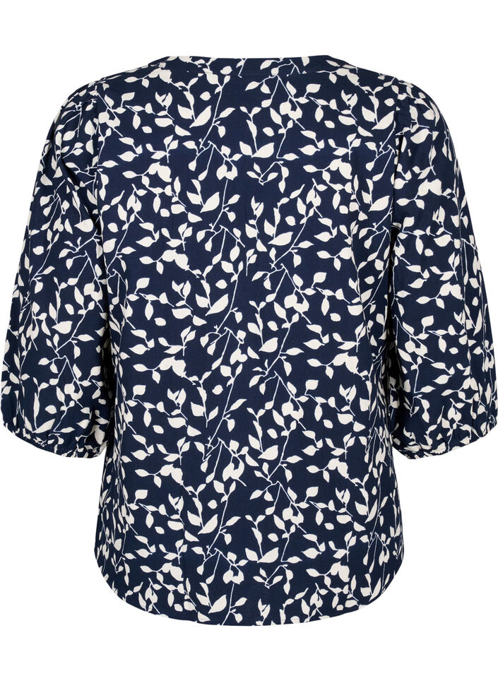 Chemisier en coton &agrave; manches 3/4 avec imprim&eacute;, Navy Blazer Leaf, Packshot image number 1