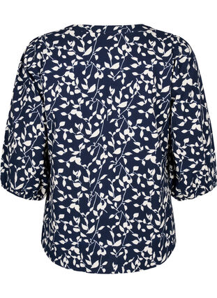 Katoenen blouse met 3/4 mouwen en print, Navy Blazer Leaf, Packshot image number 1