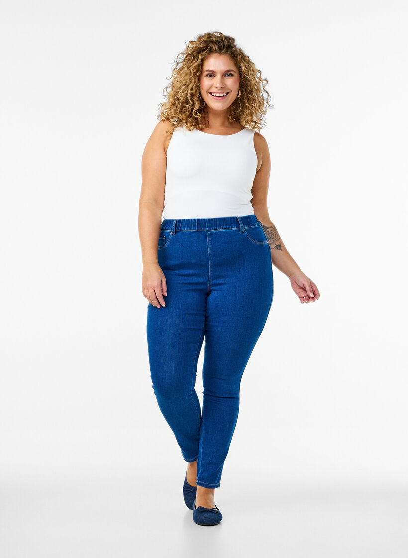 Jeggings &agrave; taille haute., Bleu, Model image number 0