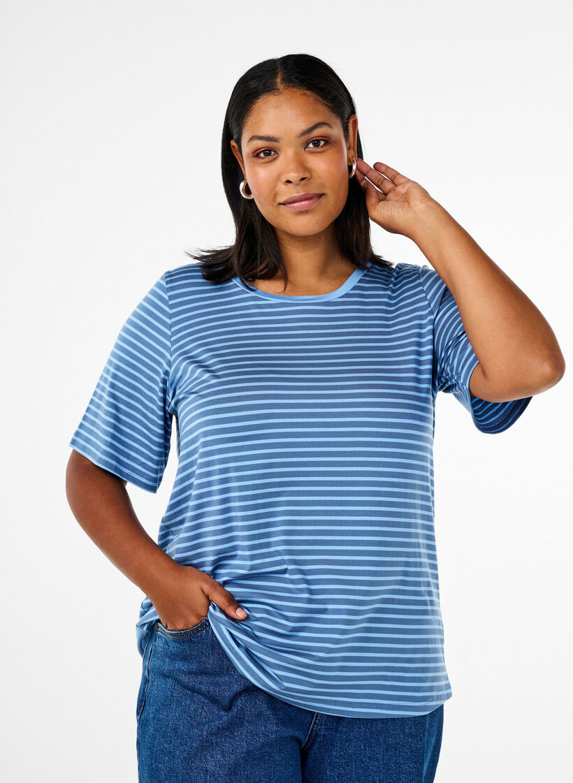 T-shirt met TENCEL™ Lyocell en strepen, Blauw, Model image number 0