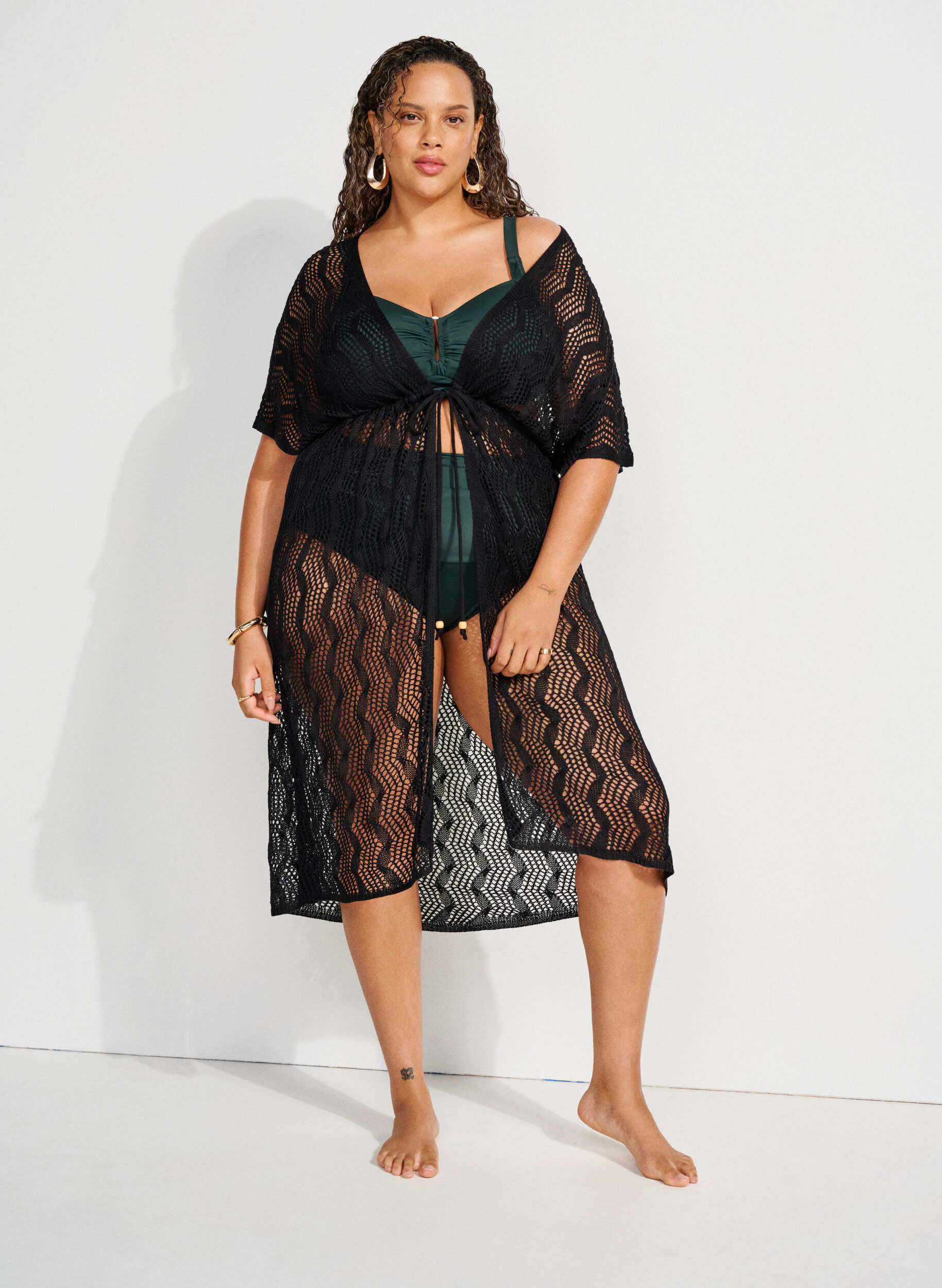 Zizzi Kimono de plage avec ceinture &agrave; n&oelig;ud, Noir, Image image number 0