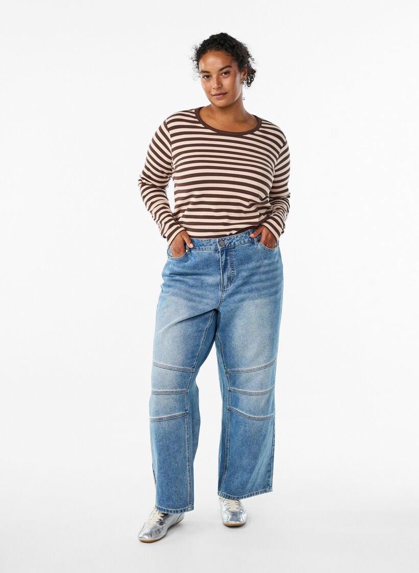 Gestreepte blouse met lange mouwen, Bruin, Model image number 1