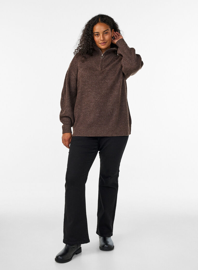 Pull en tricot avec col haut et fermeture &eacute;clair, Marron, Model image number 1