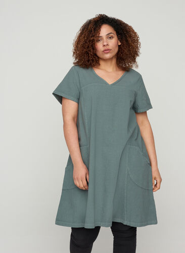 Robe à manches courtes en coton, Balsam Green, Model image number 0