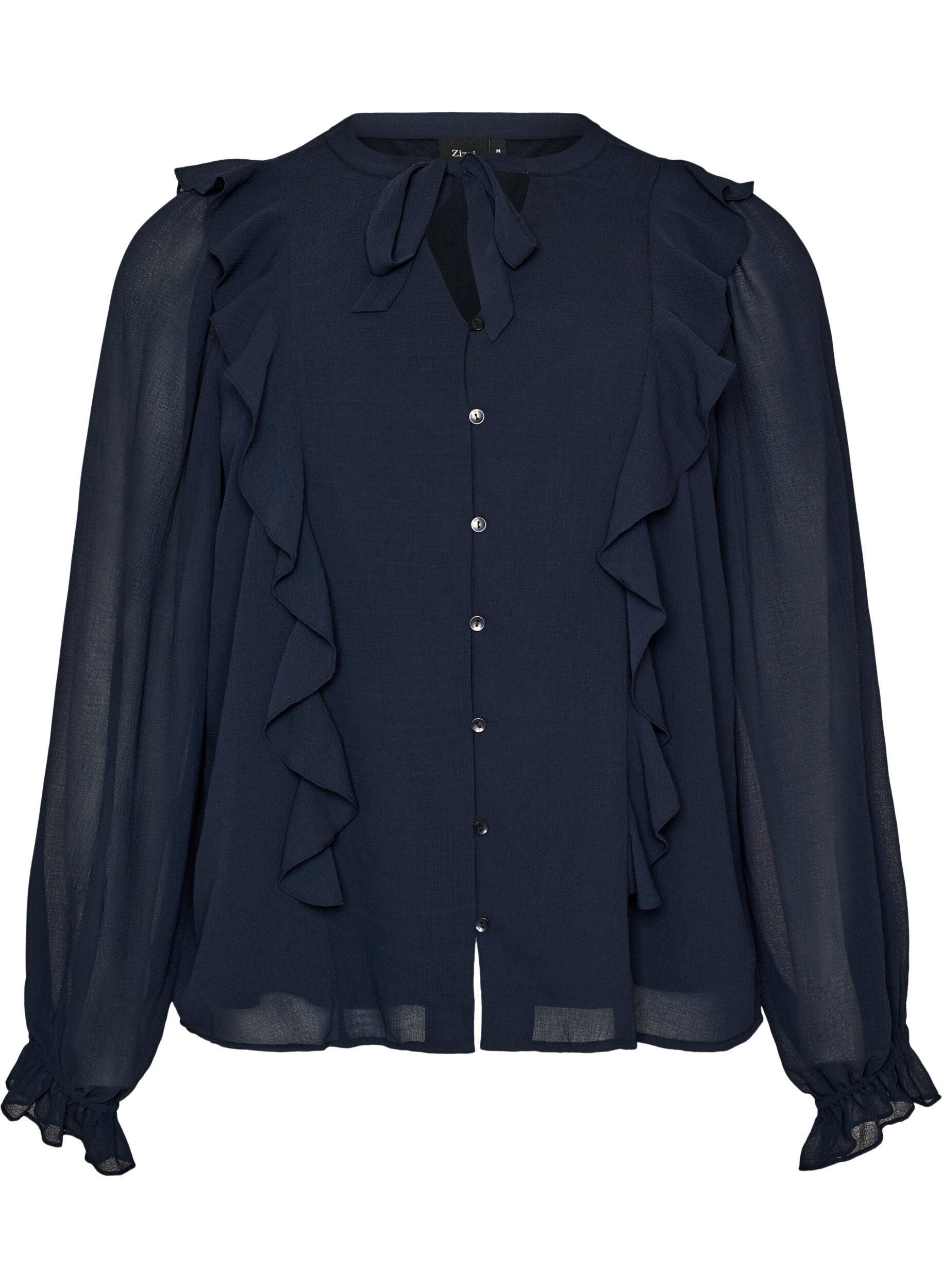 ZizziTransparante blouse met ruches en striksluiting, Blauw, Packshot image number 0
