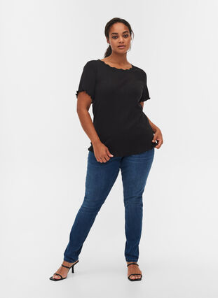 T-shirt côtelé à manches courtes avec bordure en dentelle, Black, Model image number 3