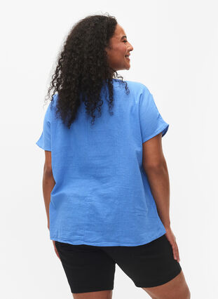 Katoenen blouse met korte mouwen van katoenmix met linnen, Ultramarine, Model image number 1