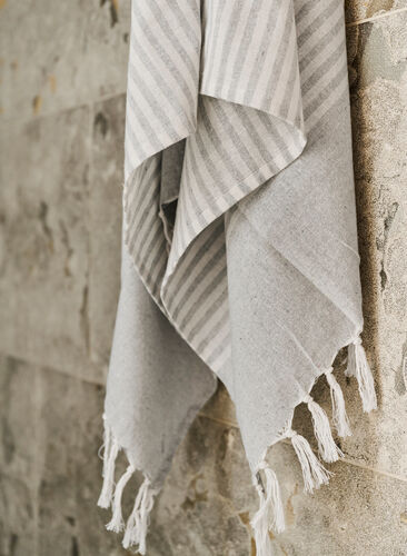 Gestreepte handdoek met franjes, Light Grey Melange, Image image number 1