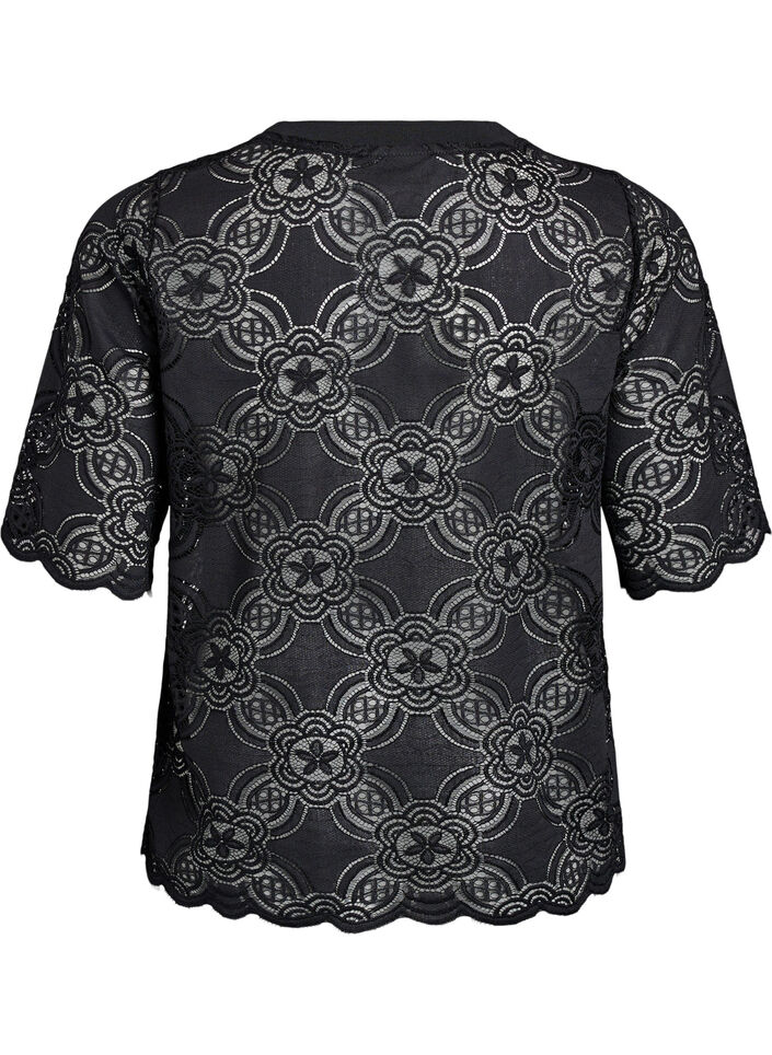 Blouse en dentelle avec un motif graphique et des manches 1/2, Noir, Packshot image number 1