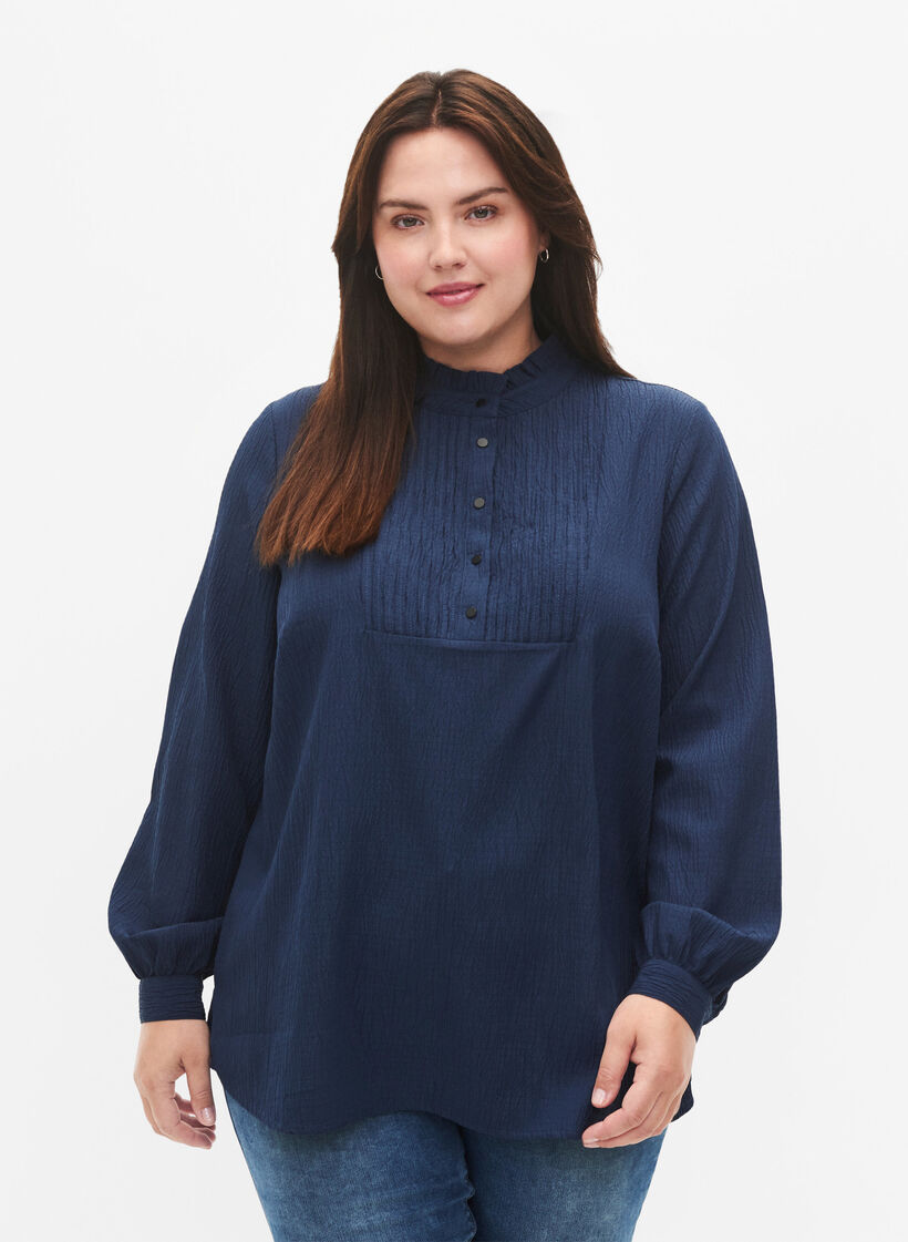 Blouse met ruche kraag en lange mouwen, Dress Blues, Model image number 0