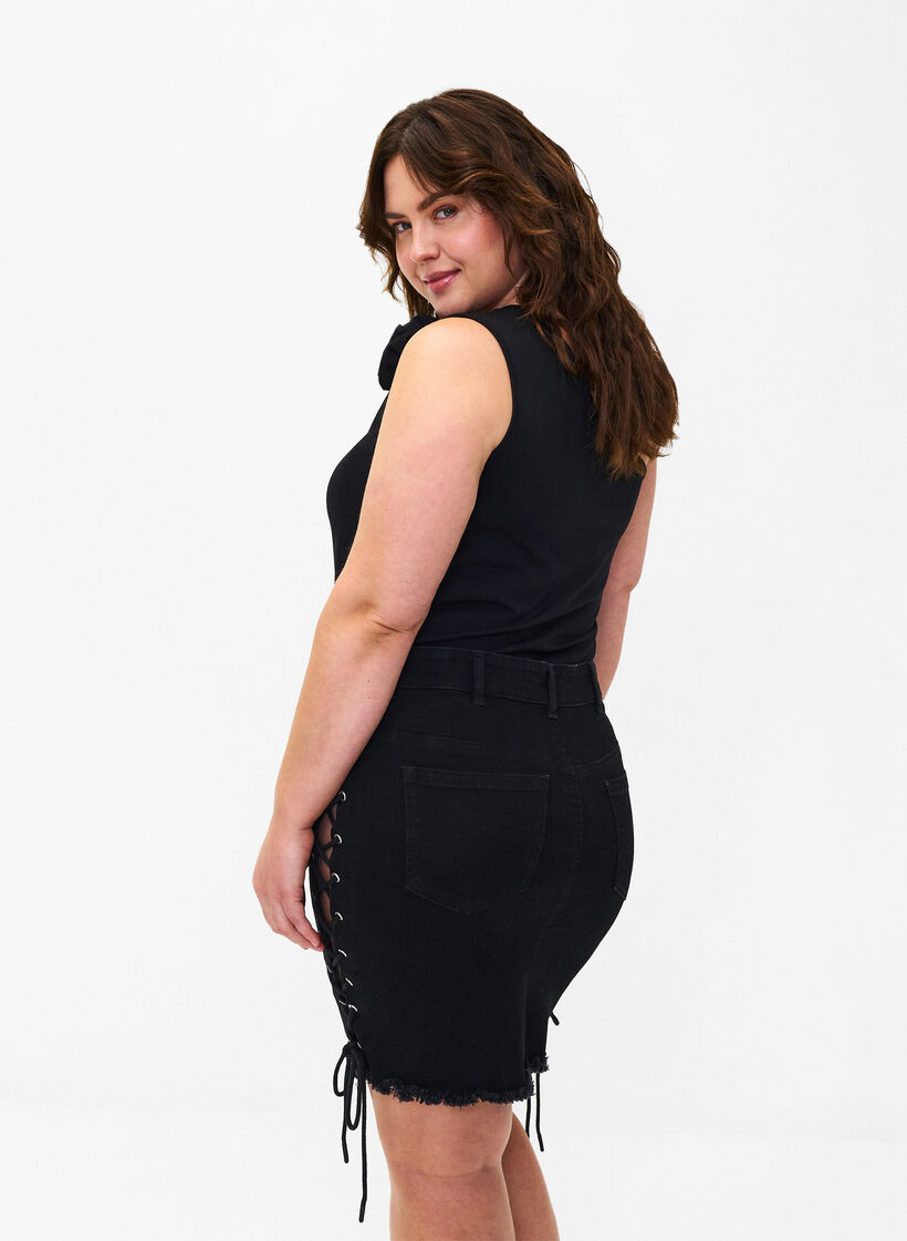 Korte denim rok met veterdetails, Black, Model image number 1