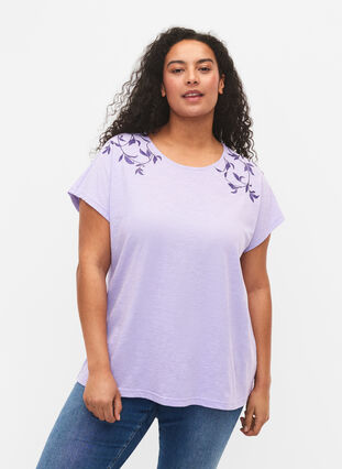 T-shirt en coton avec imprimé feuilles, Lavender C Leaf, Model image number 0