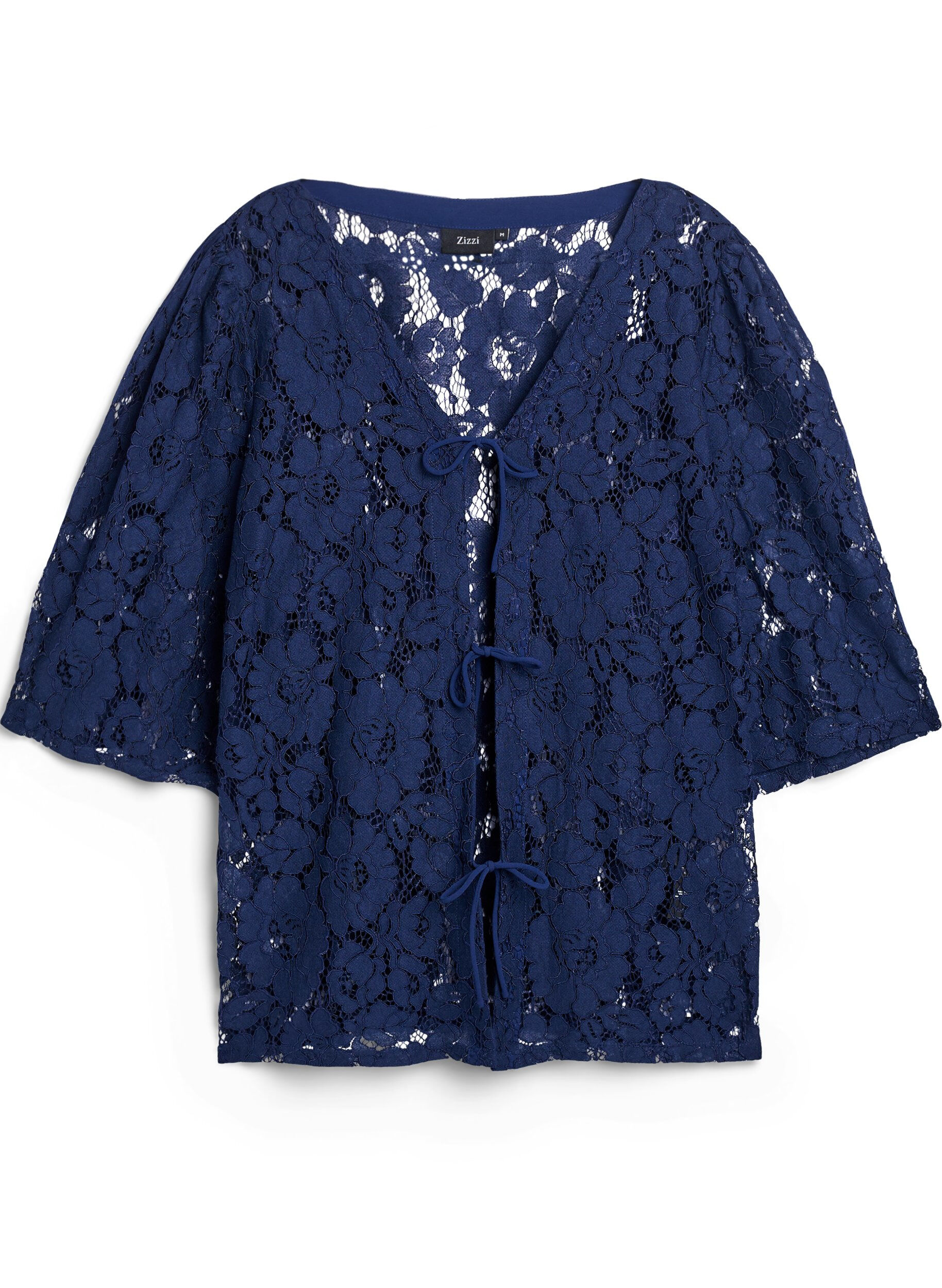 ZizziKanten blouse met 3/4 mouwen en strikjes aan de voorkant, Blauw, Packshot image number 0