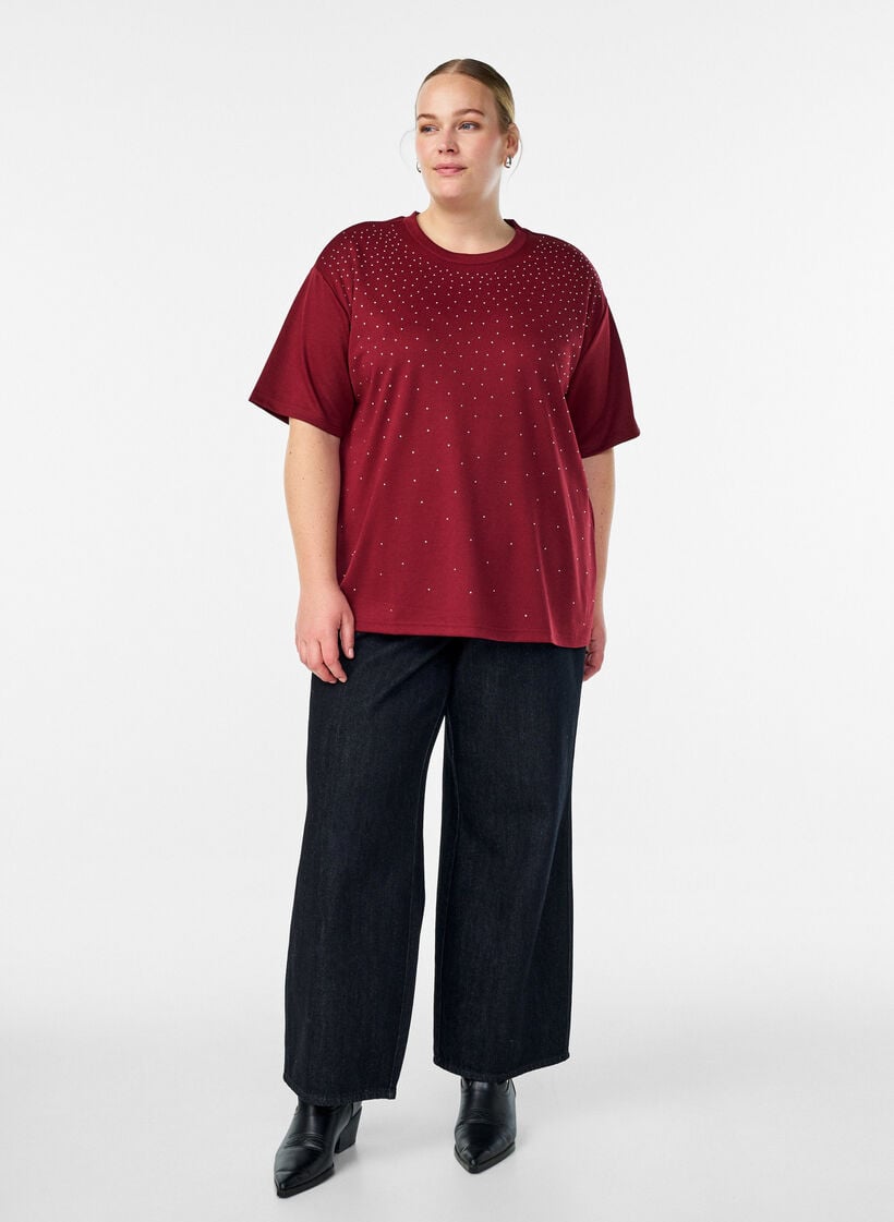 T-shirt avec strass et col rond, Bordeaux fonc&eacute;, Model image number 1