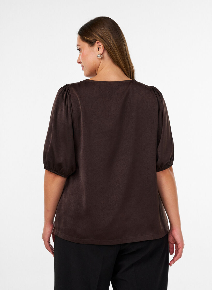 Blouse en satin avec n&oelig;uds et manches au coude, Marron, Model image number 2
