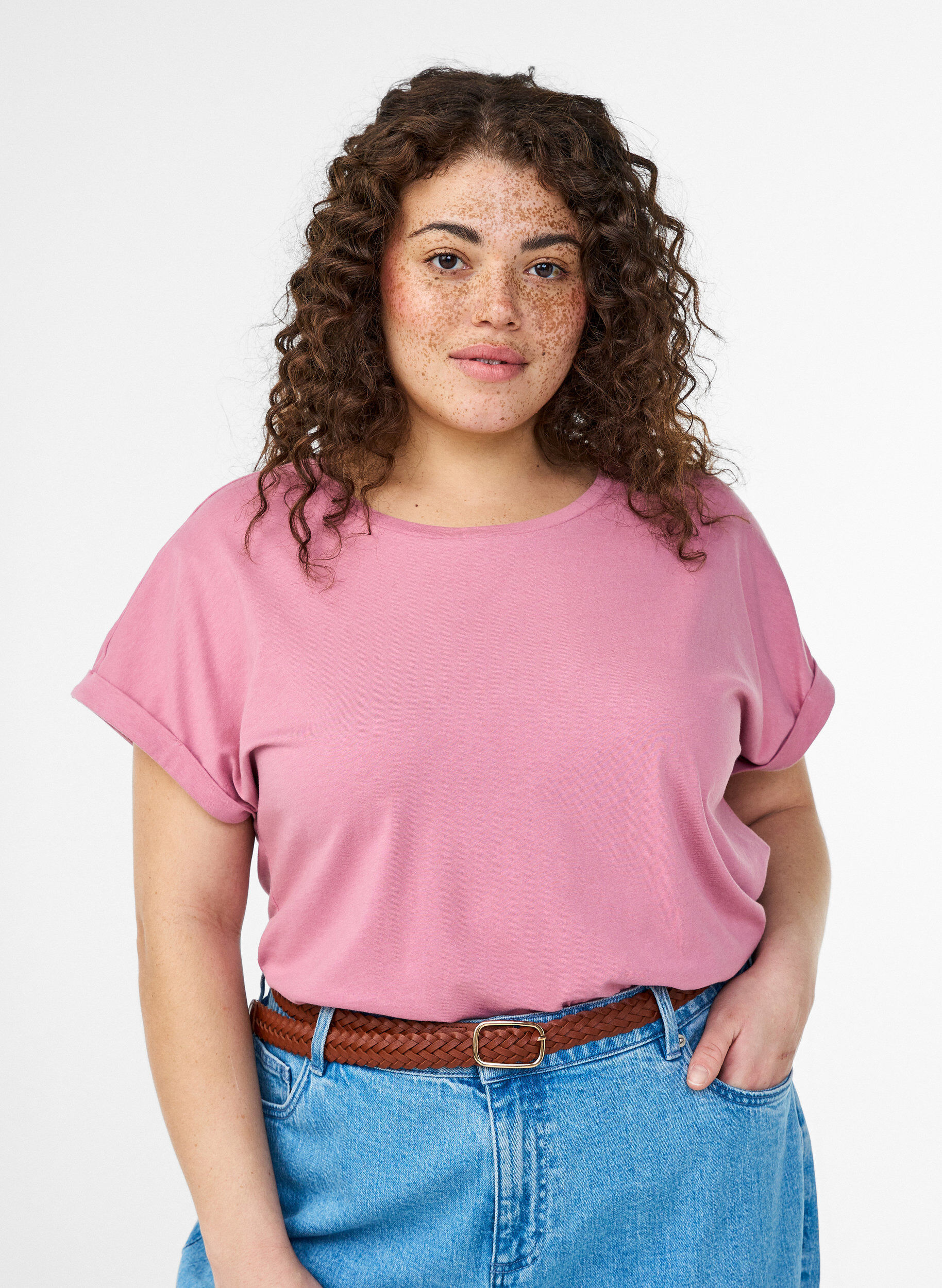 T-shirt met korte mouwen van katoenmix, Roze, Model