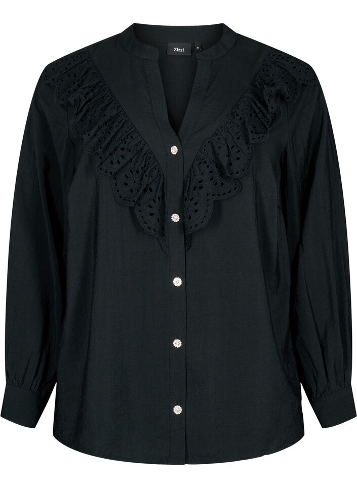 Viscose overhemdblouse met ruches, Black, Packshot image number 0