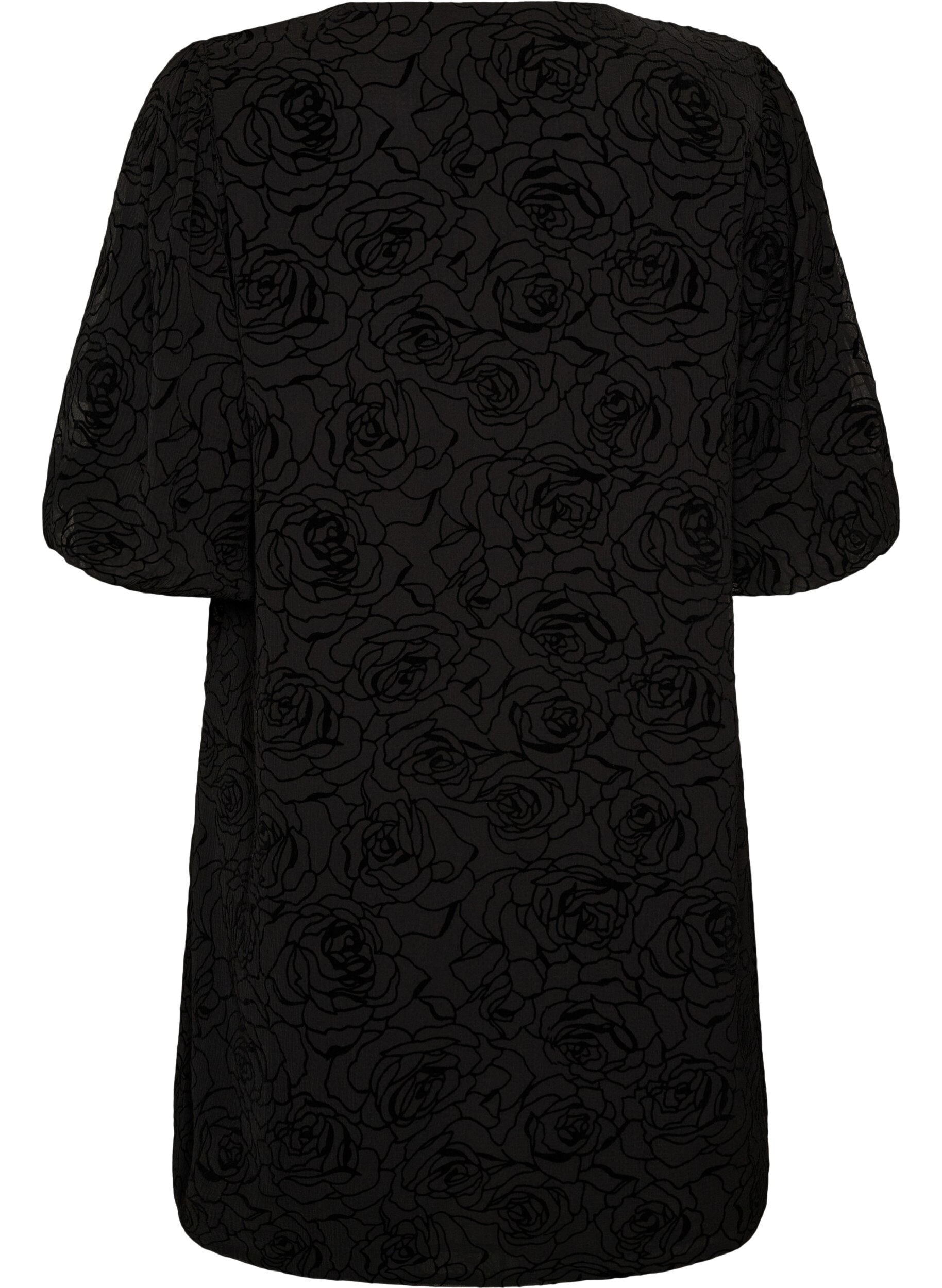 ZizziKorte jurk met rozenprint en knopen, Zwart, Packshot image number 1