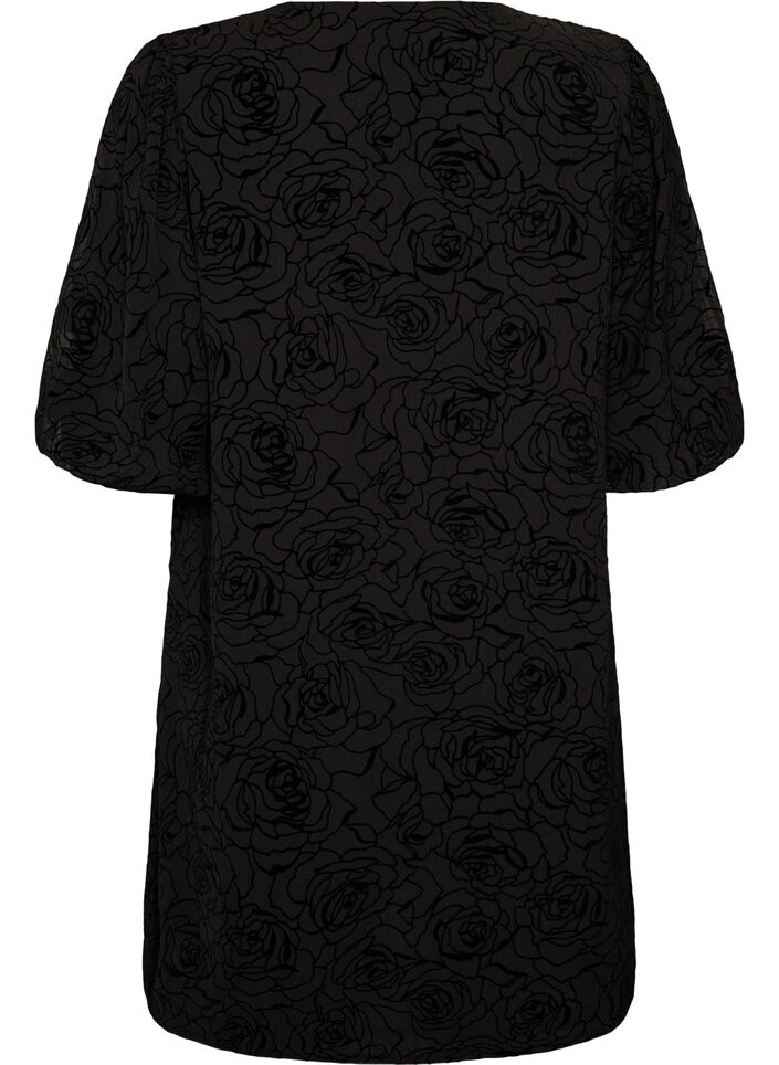 Korte jurk met rozenprint en knopen, Zwart, Packshot image number 1
