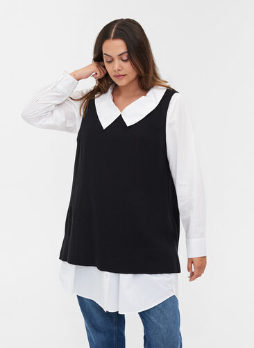 Gilet tricoté simple avec col rond, Black, Model image number 0