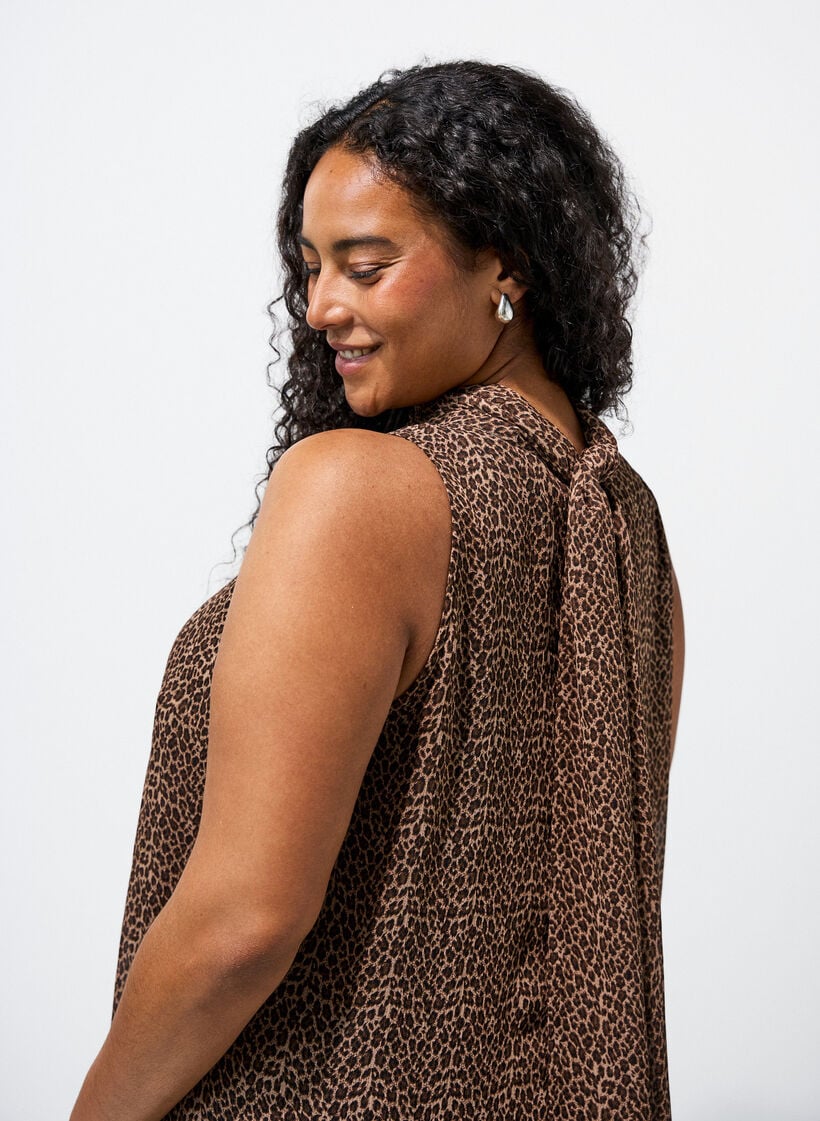 Midi jurk in chiffon met luipaardprint en een strik in de taille, Bruin, Model image number 3
