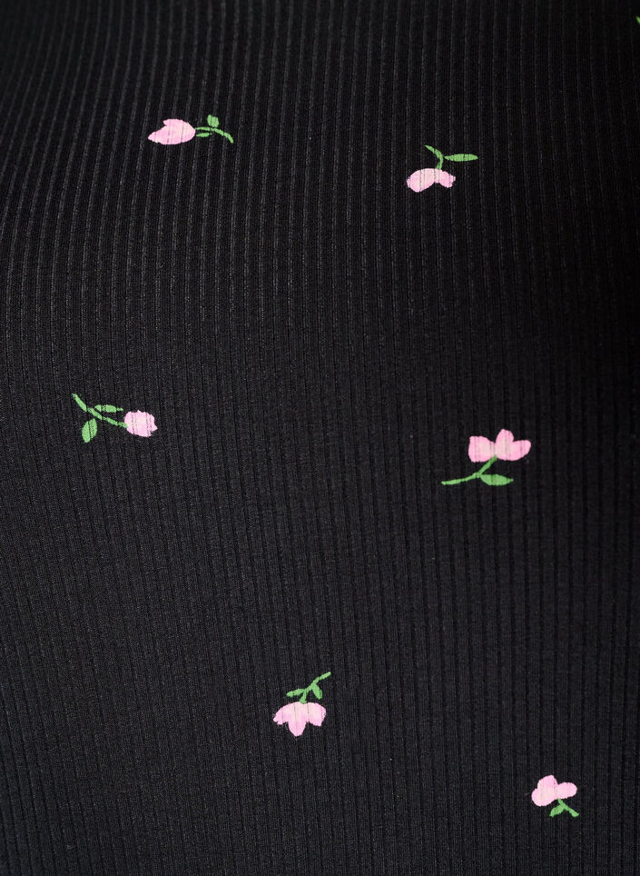 Pyjama top met bloemenprint en geribde textuur, Zwart, Packshot image number 2
