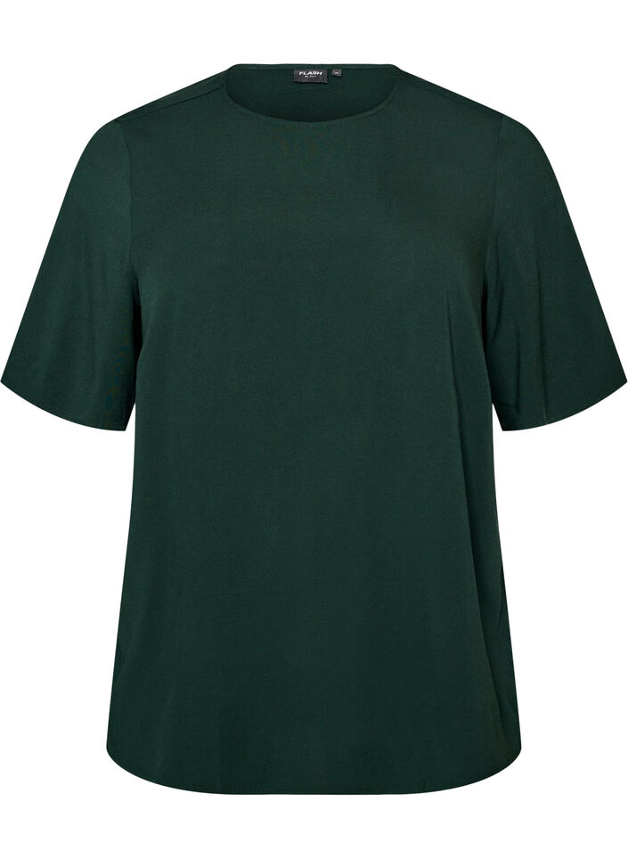 Geweven blouse met korte mouwen en ronde hals, Groen, Packshot image number 0