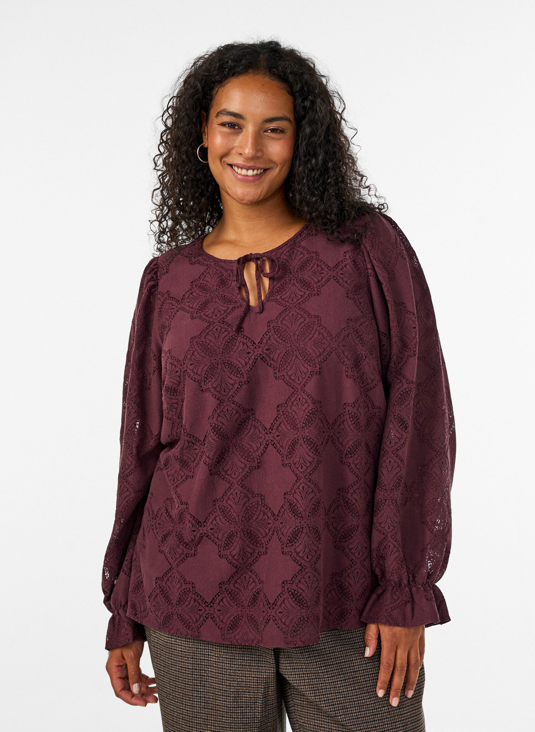 ZizziBlouse met lange mouwen met kantpatroon, Donker Bordeaux, Model image number 0