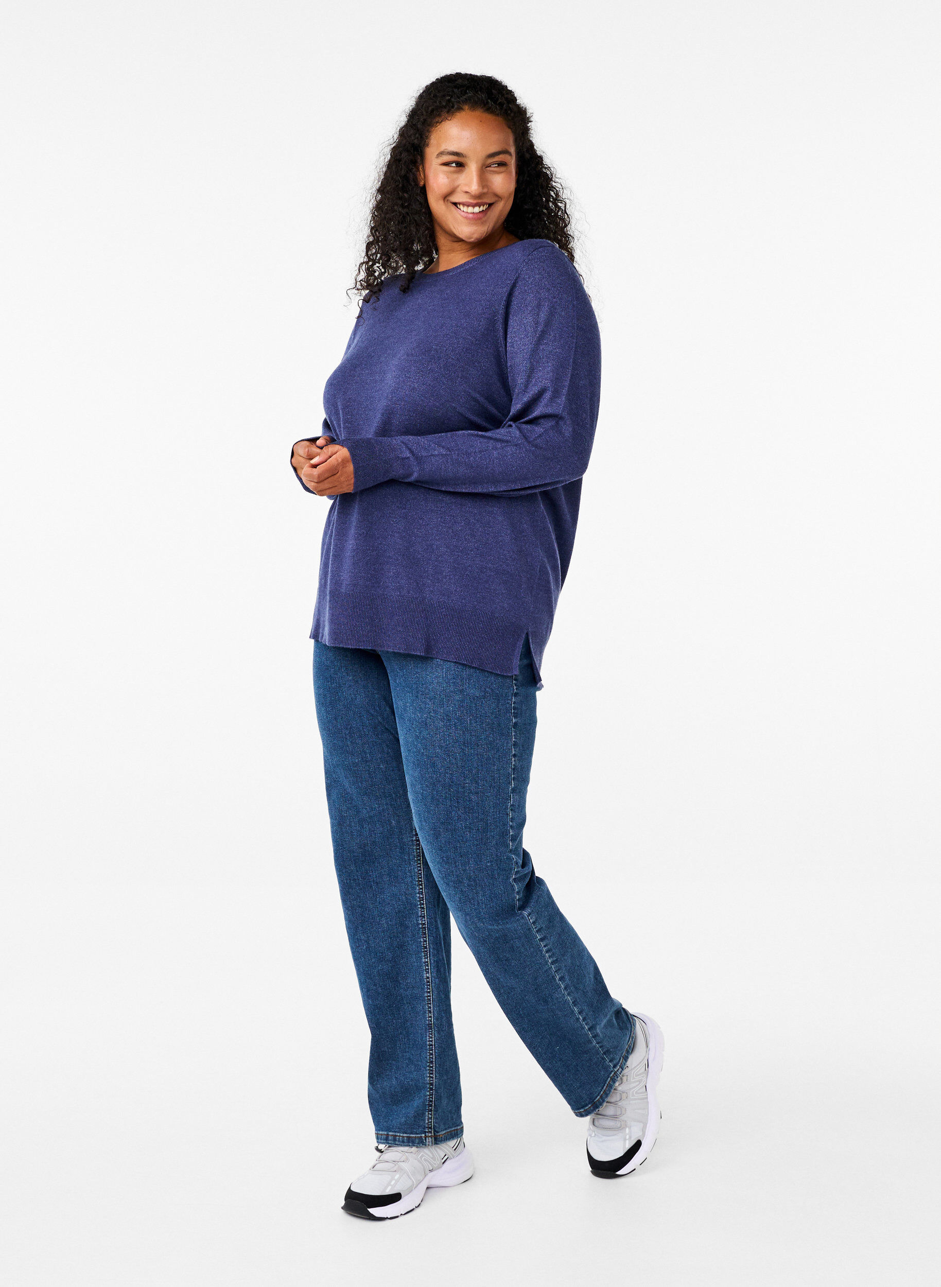 ZizziGebreide blouse met lange mouwen en een spleet, Blauw, Model image number 1