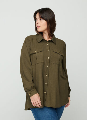 Gestructureerde blouse met borstzakken, Dark Green ASS, Model image number 0