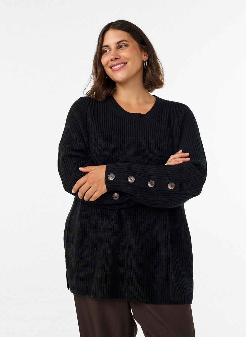 Gebreide blouse met ribstructuur en knoopdetails, Zwart, Model image number 0