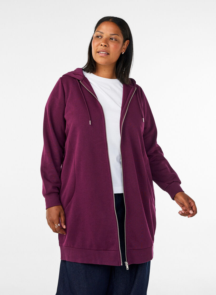 Lange hoodie met ritssluiting en zakken, Paars, Model image number 0