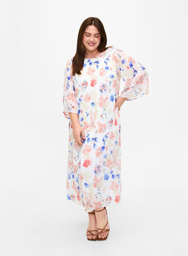 Robe plissée florale avec cordon de serrage, White/Blue Floral, Model image number 0