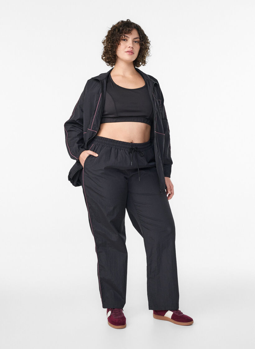 Pantalon léger avec passepoil contrastant et taille haute, Noir, Model image number 0