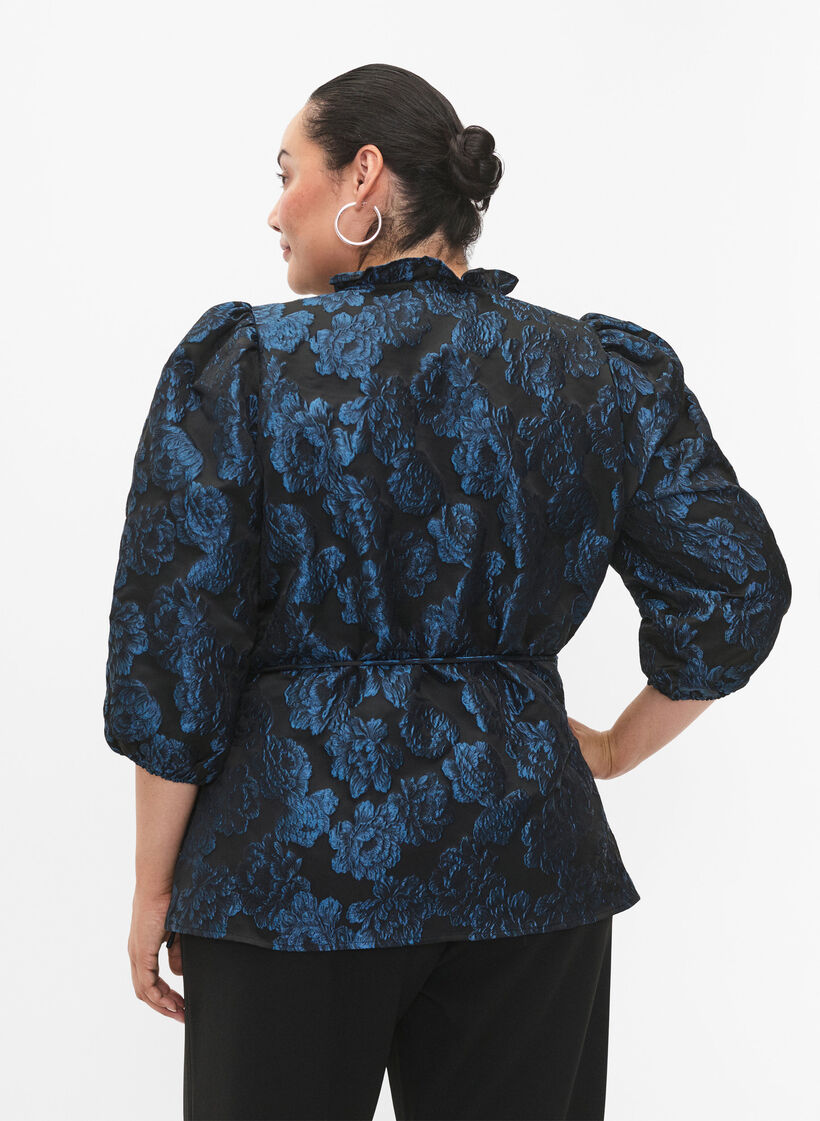 Jacquard wikkelblouse met 3/4 mouwen, Black Blue, Model image number 1