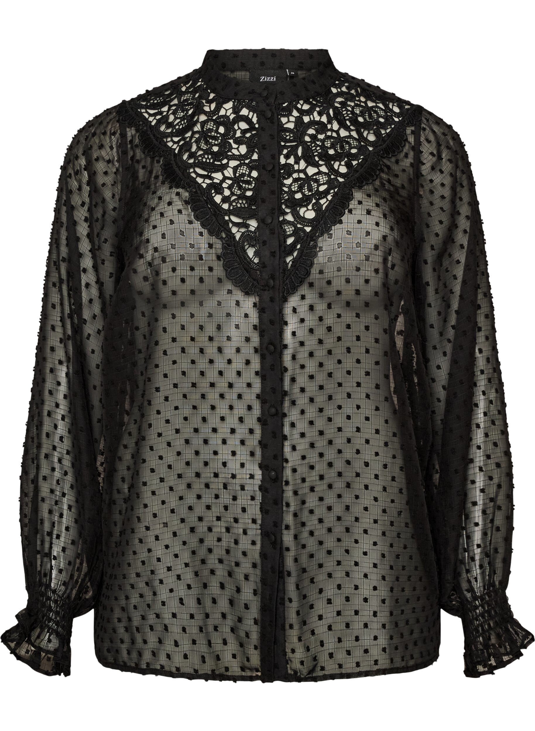 Overhemdblouse met kanten inzet en stippenpatroon