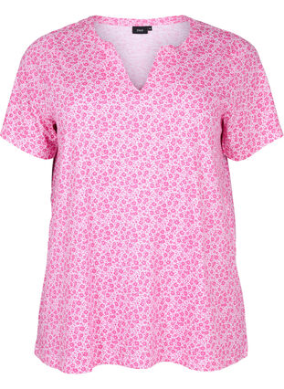 T-shirt en coton à fleurs avec col en V, Shocking Pink AOP, Packshot image number 0