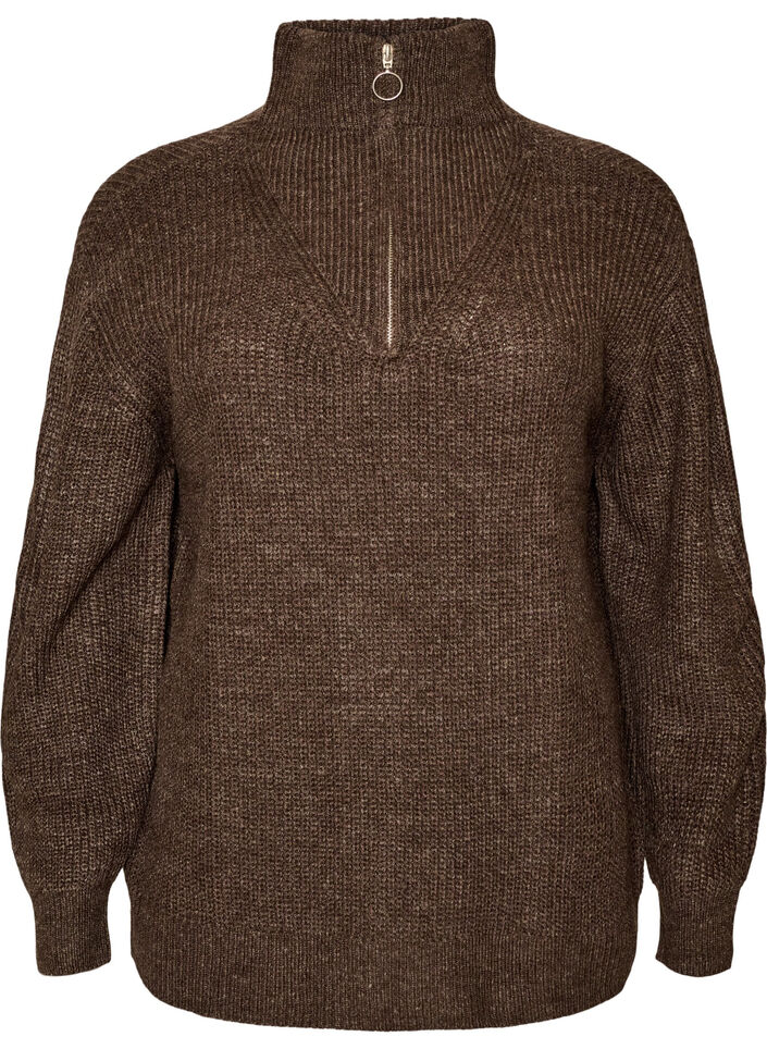 Pull en tricot avec col haut et fermeture &eacute;clair, Marron, Packshot image number 0