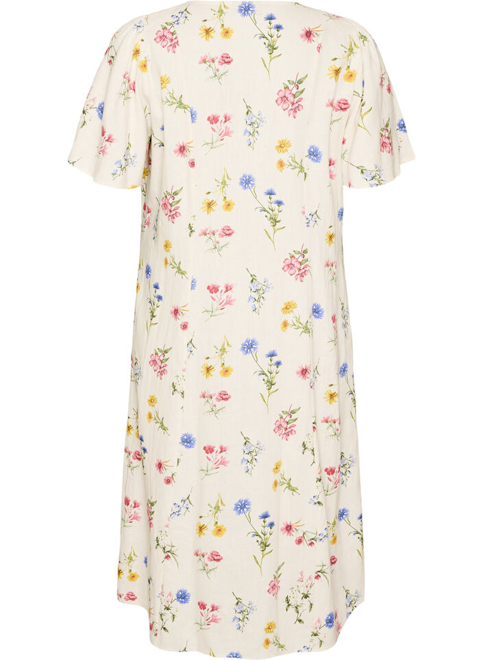 Robe midi en lin et viscose avec manches &agrave; volants, Beige, Packshot image number 1