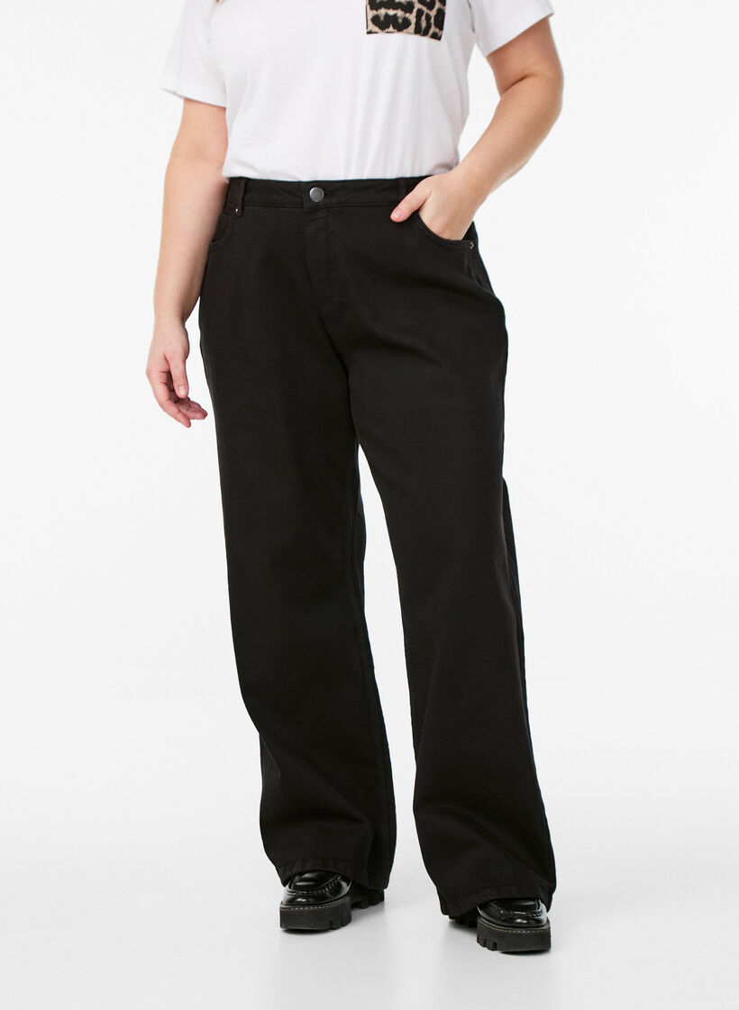 Jean &agrave; jambe large et taille haute, Noir, Model image number 2
