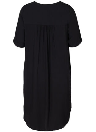 Viscose jurk met korte mouwen en knopen, Black, Packshot image number 1
