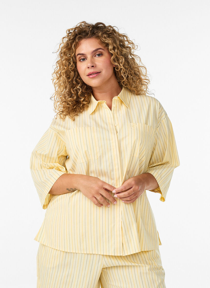Gestreepte blouse in een los pasvorm, Geel, Model image number 0