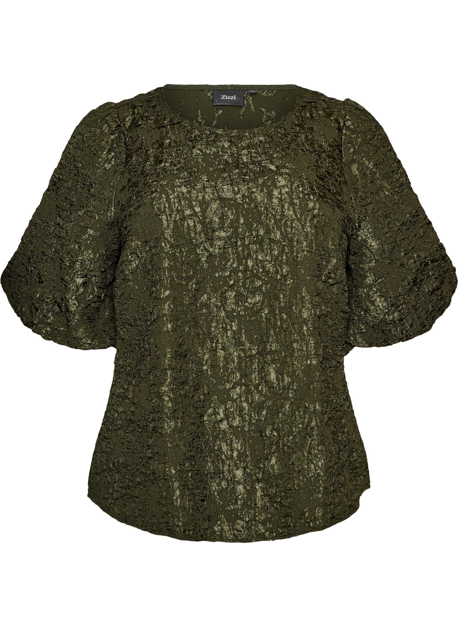 ZizziJacquard blouse met pofmouwen en A-lijnvorm, Groen, Packshot image number 0