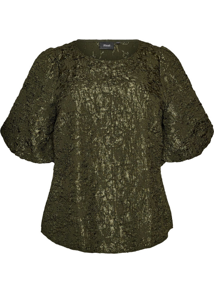 Jacquard blouse met pofmouwen en A-lijnvorm, Groen, Packshot image number 0