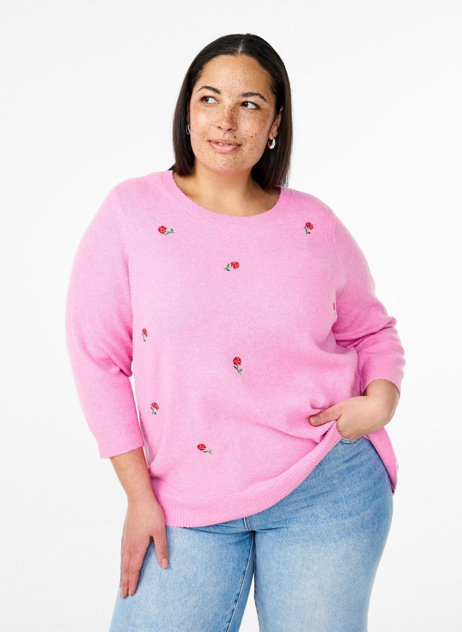 ZizziGebreide blouse met bloemen en 3/4 mouwen, Begonia Pink Mel., Model image number 0