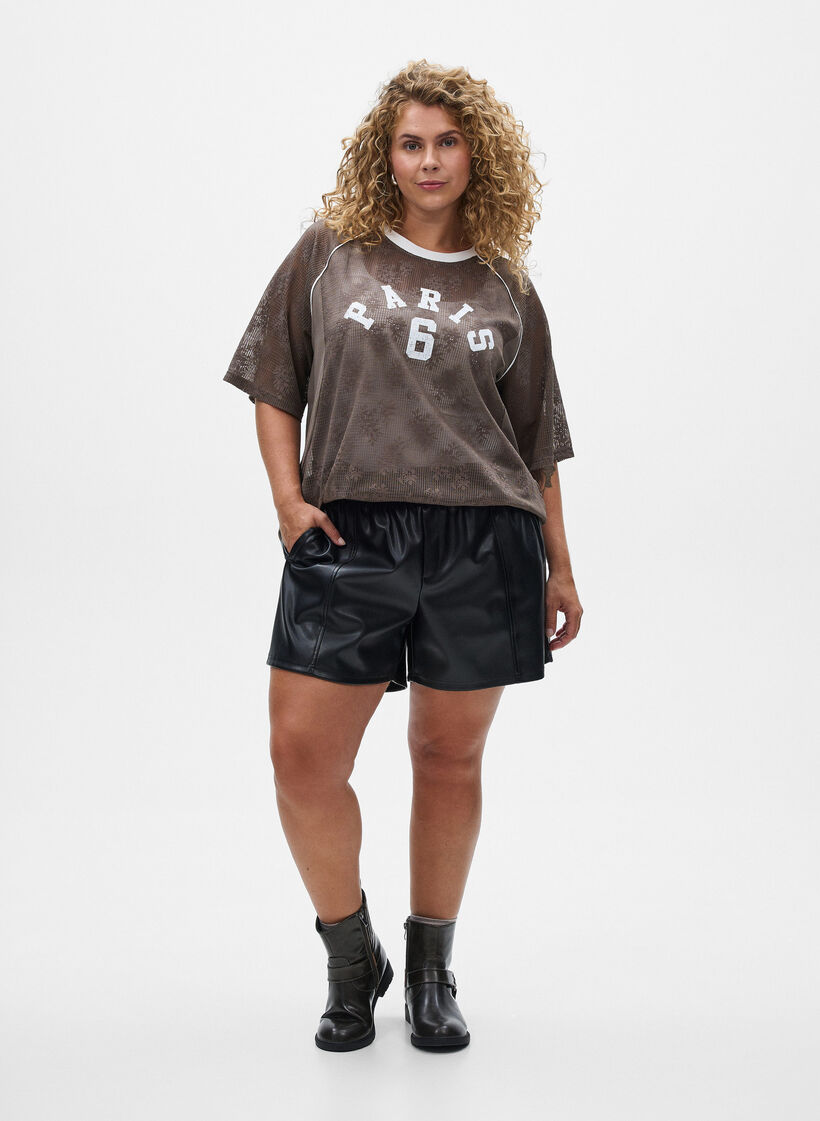 T-shirt en dentelle avec imprimé texte, Marron, Model image number 1