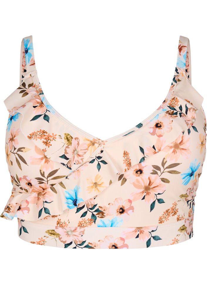 Haut de bikini &agrave; fleurs et &agrave; d&eacute;tails de jabot, Beige, Packshot image number 0