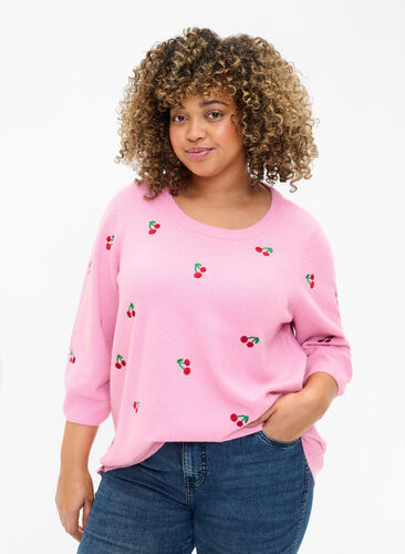 Gebreide blouse met 3/4 mouwen en kersen, B.Pink/Wh.Mel/Cherry, Model image number 0