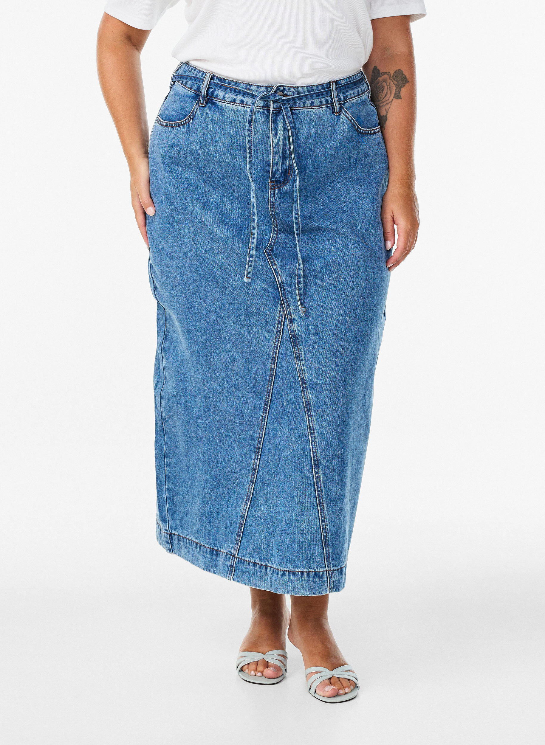 ZizziDenim maxirok met strikceintuur, Blauw, Model image number 2