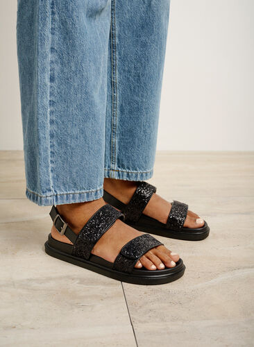 Sandale pied large à paillettes avec fermeture velcro, Black Glitter, Image image number 0